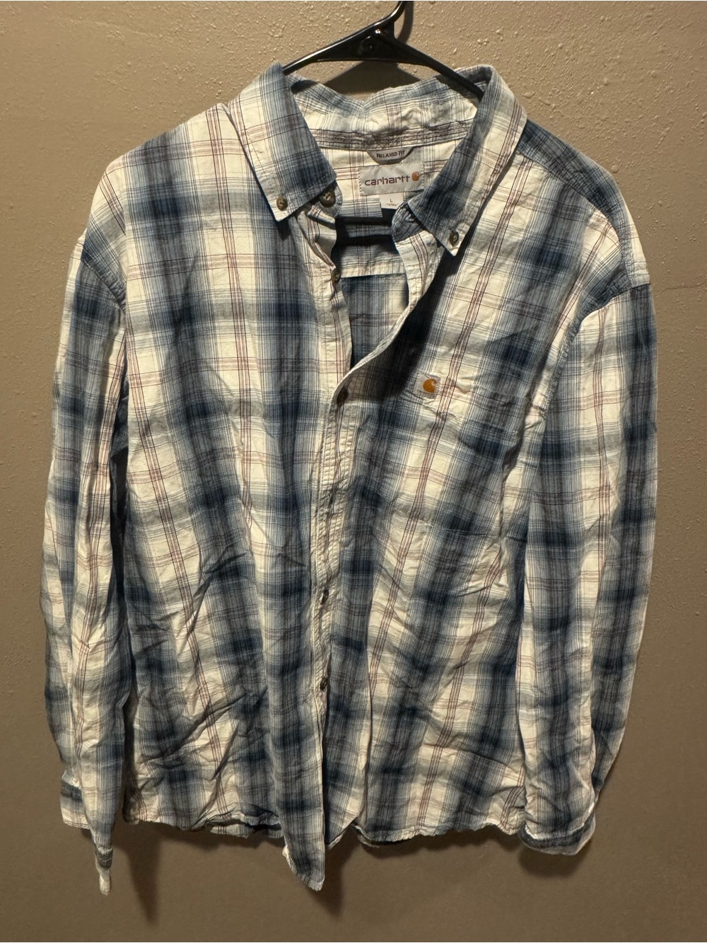Carhartt Men’s Blue and White Plaid Button-Up Shirt